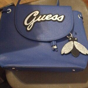 GUESS Varsity pop pinup Flap Backpack Hobo Handbag Blue Bee Charm